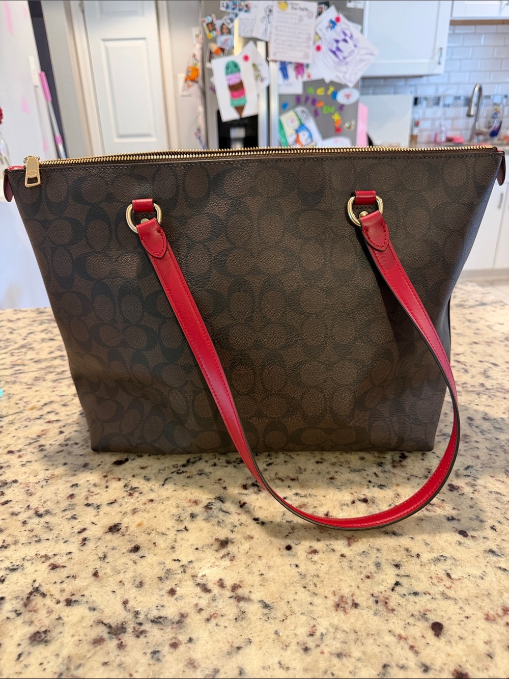 COACH Signature Tote with Red Leather Trim - Picture 2 of 16
